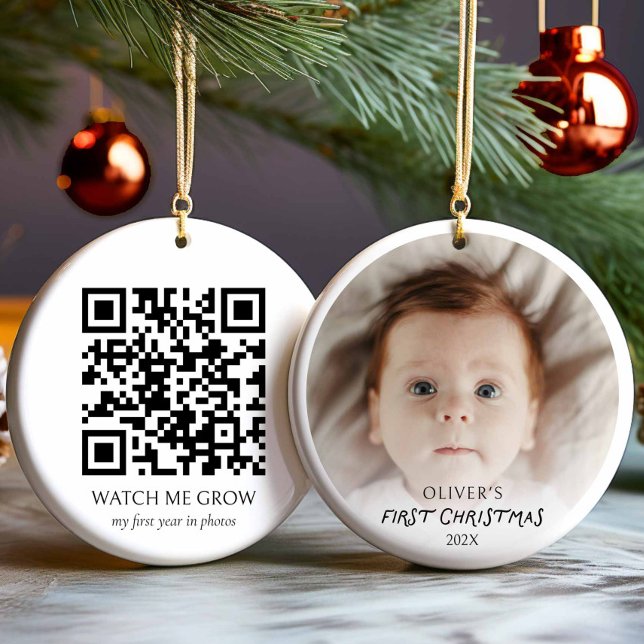Cerâmica Primeiro Ornamento de Fotos de Natal do Bebê com C (Baby's First Christmas Photo Christmas Ornament with QR Code)