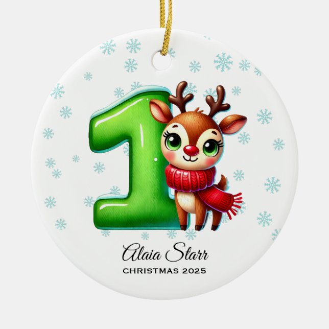 Cerâmica Primeiro Ornamento de Natal de Reindeer Baby (Frente)