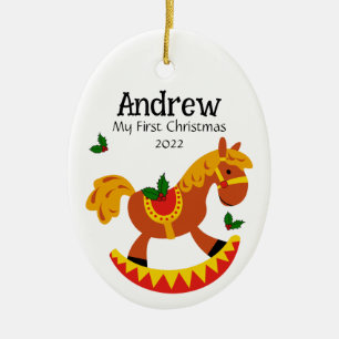 Cerâmica Primeiro Ornamento Oval de Natal - Personalizar