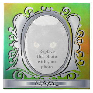 Cerâmica Quadro de Fotografia Oval Verde Silver com Azulejo