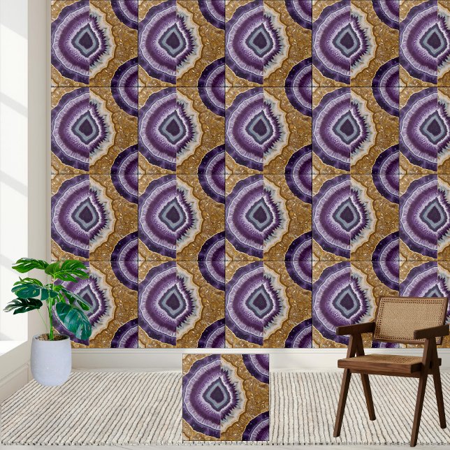 Cerâmica Shimmering Azulejo De Geodo De Matriz Dourada E Ro (Shimmering Gold And Purple Matrix Geode Tile)