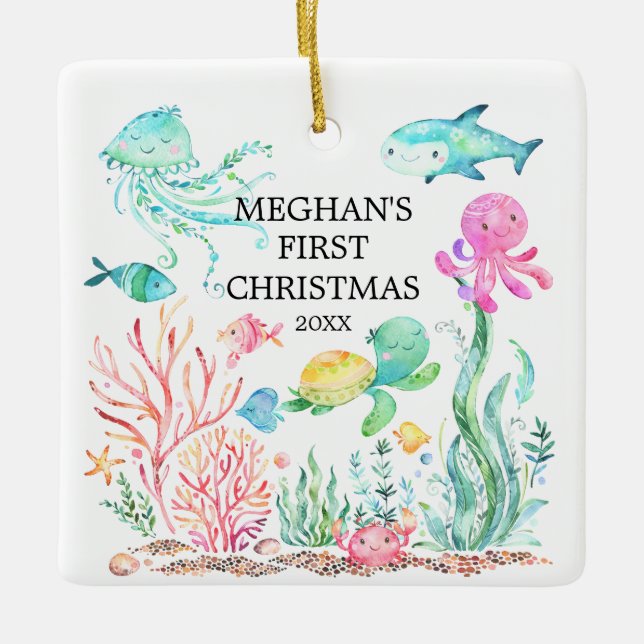 Cerâmica Sob o Mar Bebê Primeiro Ornamento de Natal (Frente)