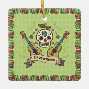 Cerâmica Sugar Skull e Guitars Dia de Muertos   Ornamento