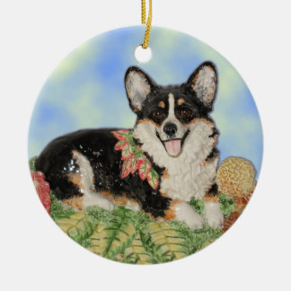 Cerâmica Tri Corgi no folhagem de outono - ornamento do