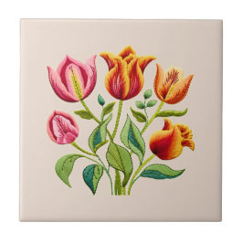 Cerâmica Um Azulejo Cerâmico com um Buquê de Tulipas Vermel