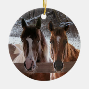 Cerâmica Um ornamento temático de inverno com dois cavalos