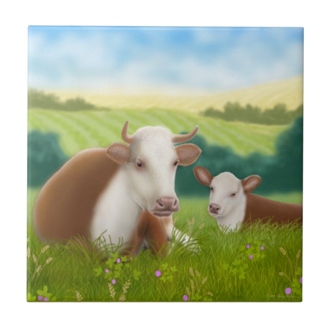 Cerâmica Vaca de Hereford com azulejo da vitela (Frente)