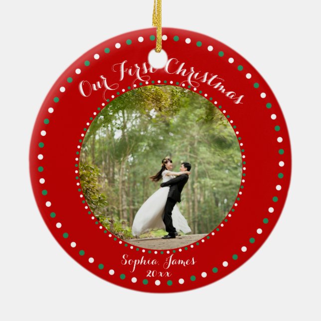 Cerâmica Vermelho Branco Verde Nosso Primeiro Ornamento De  (Traseira)