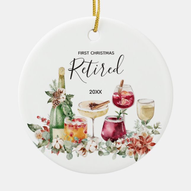 Cerâmica Vinho Aposentado Primeiro Ornamento de Natal (Frente)