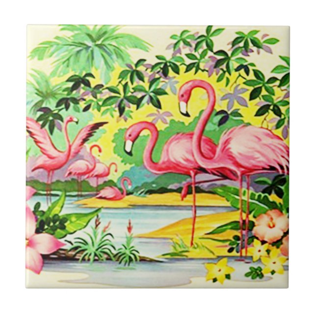 Cerâmica Vintage Retro Pink Flamingo Pink Azulejo de Bloque (Frente)