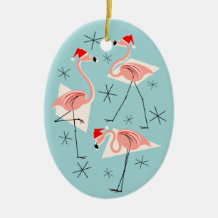 Cerâmica Voval de ornamento de Texto Azul Flamingo Santas