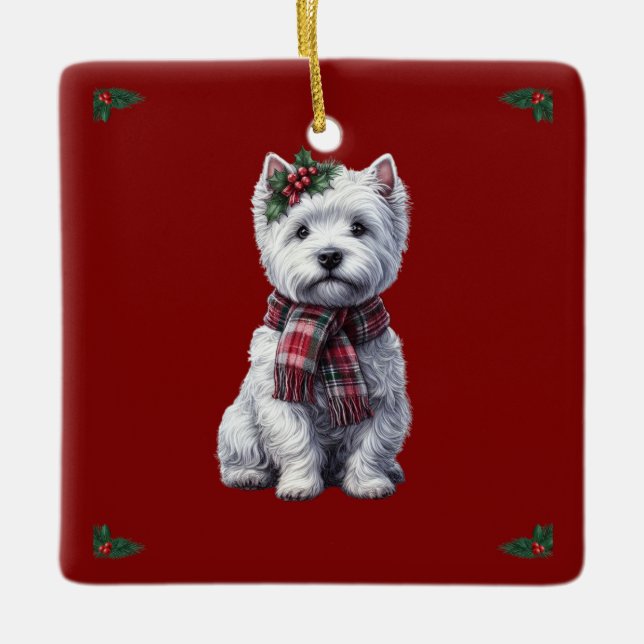 Cerâmica Westie de Natal com ornamento sagrado. (Frente)