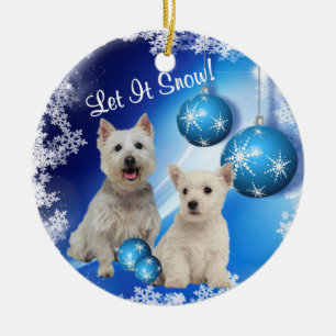 Cerâmica Westie deixou-o nevar ornamento dos cartões de