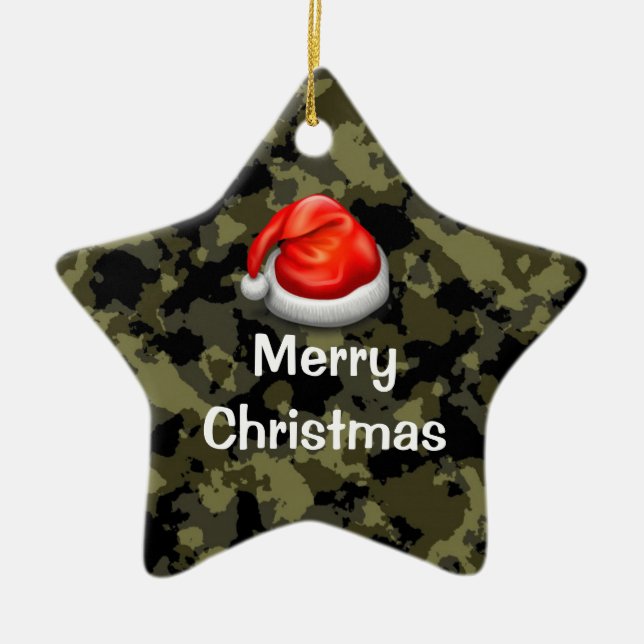 Cerâmica Woodland Camo Star Feliz Ornamento de Natal (Frente)
