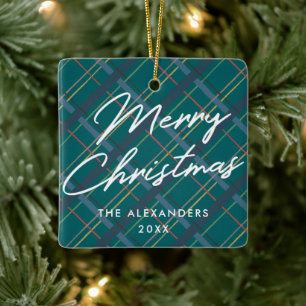 Cerâmica Xadrez de inverno Ornamento de Natal Feliz - Verde