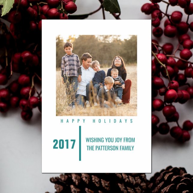 Cerceta chique minimalista do cartão com fotos | (Teal Minimalist Chic Holiday Photo Card)