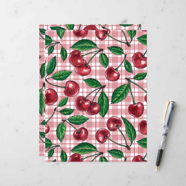 Cerejas vermelhas em gingham rosa (Frente/Verso In Situ)