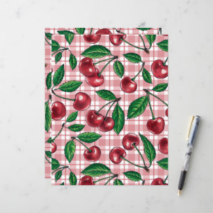 Cerejas vermelhas em gingham rosa