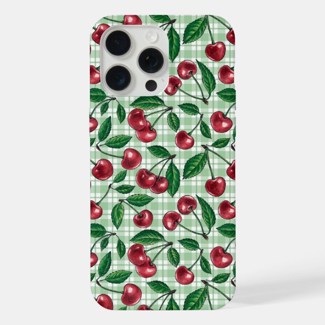 Cerejas vermelhas em gingham verde-claro (Verso)