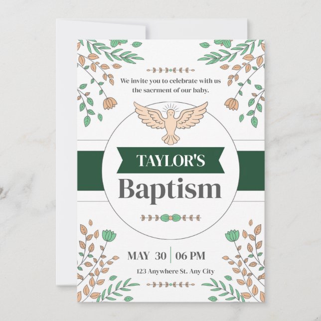 Cerimônia de Batismo Floral Convite Verde (Frente)