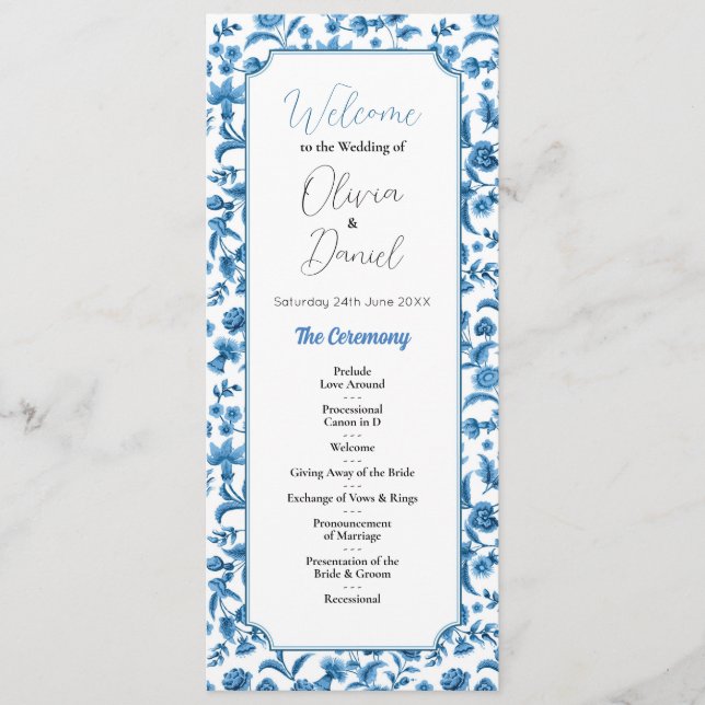 Cerimônia do Menu Casamento Chintz Blue & White Fl (Frente)