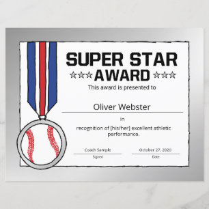 Certi Super Star Baseball Certificate Prêmio Sport