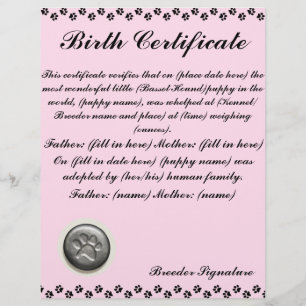 Certidão de nascimento do filhote de cachorro