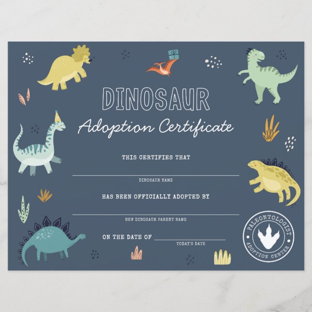 Certificado de Adoção do Dinossauro (Frente)