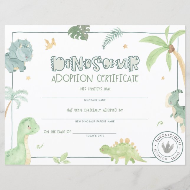 Certificado de Adoção do Dinossauro (Frente)
