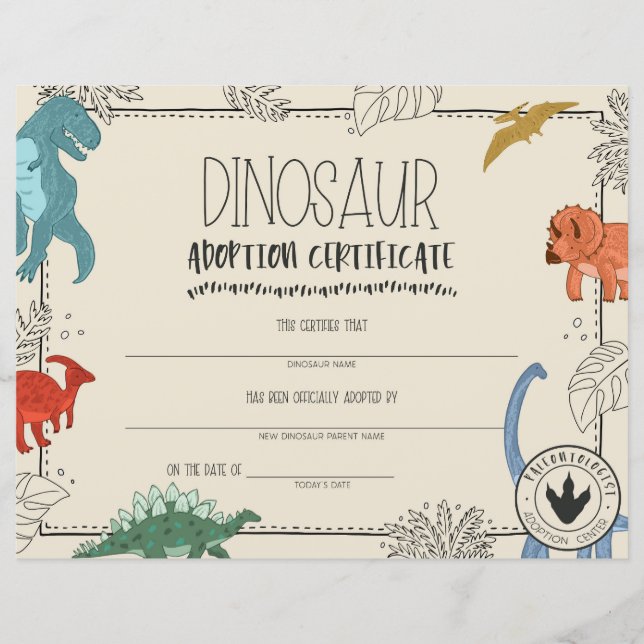 Certificado de Adoção do Dinossauro (Frente)