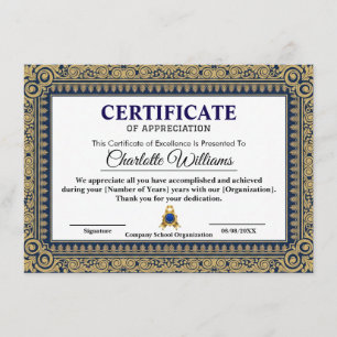 Certificado de Agradecimento Elegante Azul Dourado