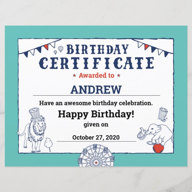 Certificado de Aniversário do Circo Azul (Frente)