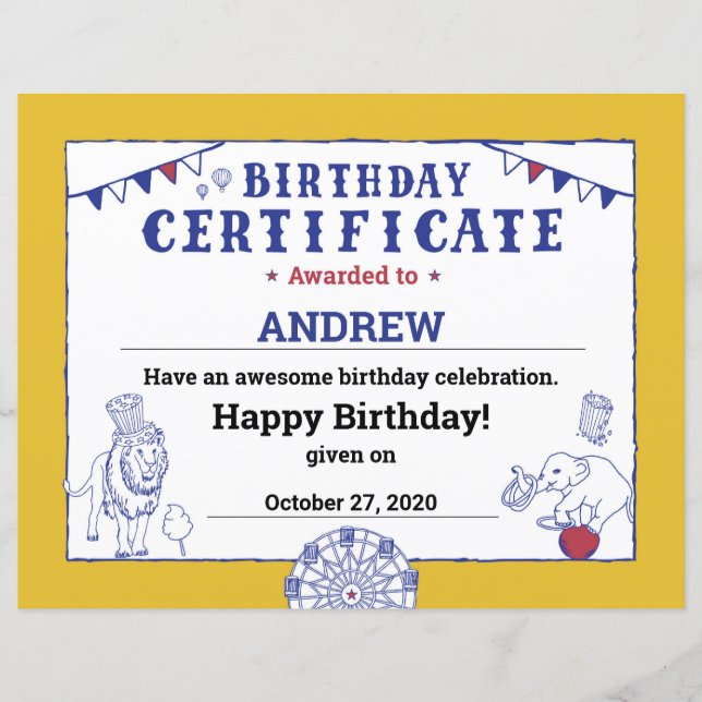 Certificado de Aniversário do Circo Baby Carnaval  (Frente)