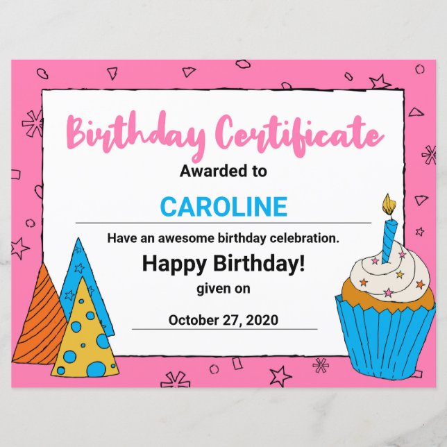 Certificado de Aniversário do Clipart de Cupcake C (Frente)