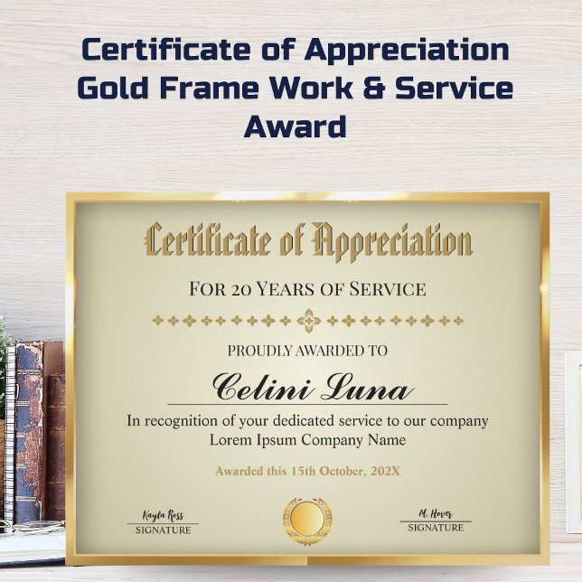 Certificado de anos de serviço - Dourado profissio (Certificate of Appreciation - Gold Frame Work & Service Award)