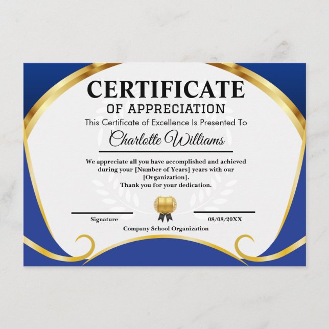 Certificado de Apreciação Azul Dourado Elegante (Frente)