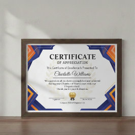 Certificado de Apreciação Azul Ouro Profissional