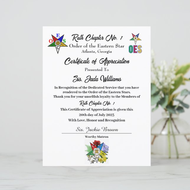 Certificado de Apreciação da Int.OES (Em pé/Frente)