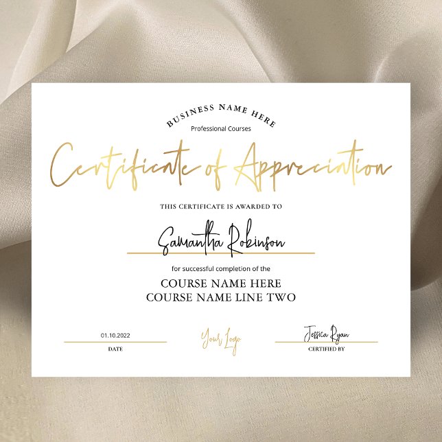 Certificado de Apreciação de Prêmios Dourados Fals (Elegant white and faux gold Certificate of Appreciation design, perfect to create custom awards)
