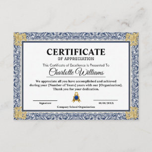 Certificado de Apreciação Dourado Azul Elegante