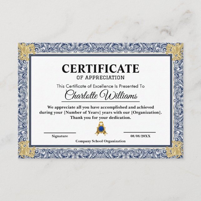 Certificado de Apreciação Dourado Azul Elegante (Frente)
