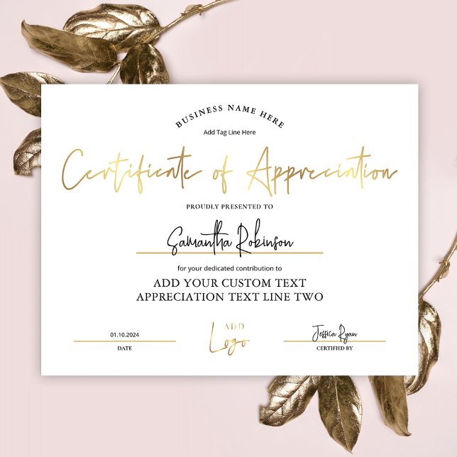 Certificado de Apreciação Logotipo Dourado Prêmio  (Elegant white and gold Certificate of Appreciation award with space for your logo and custom text)