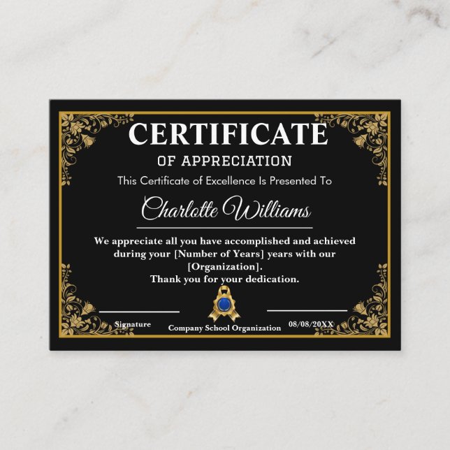 Certificado de Apreciação Luxo Preto e Dourado (Frente)