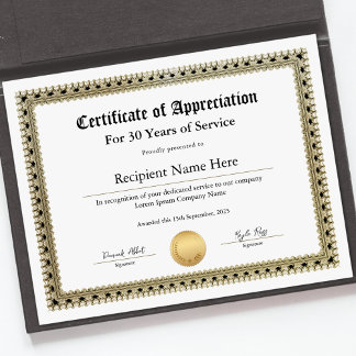Certificado de Apreciação para Anos de Serviço