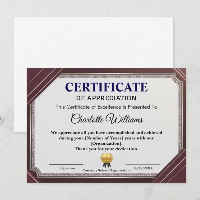 Certificado de Apreciação Profissional Elegante (Frente/Verso)