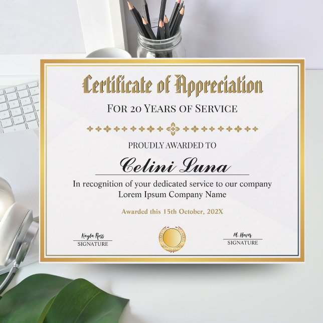 Certificado de Apreciação - Trabalho de Quadro Dou (Certificate of Appreciation - Gold Frame Work & Service Award)