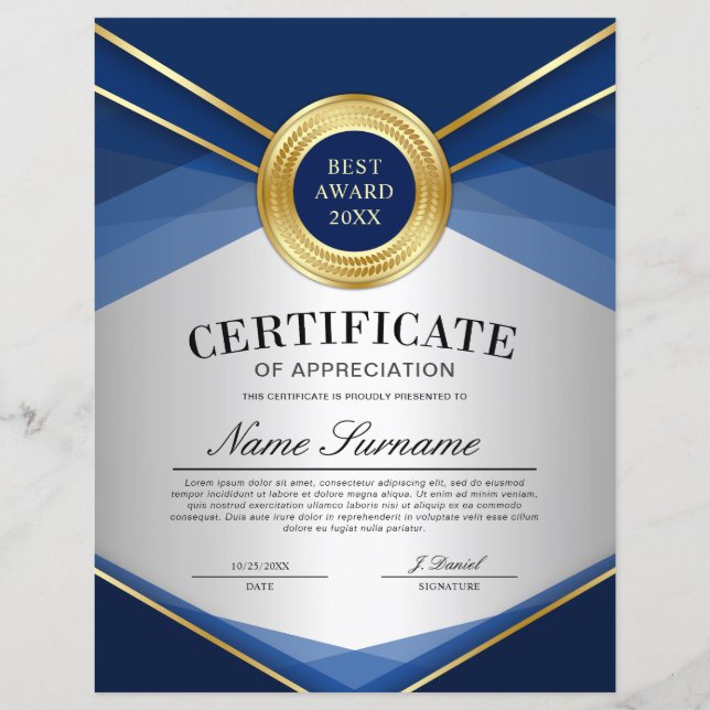 Certificado de Apreciação Vertical Azul e Dourado (Frente)