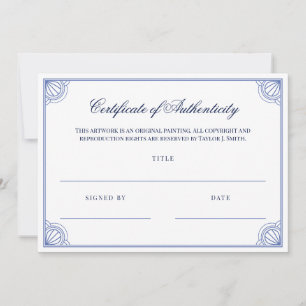 Certificado de autenticidade de quadro azul Elegan