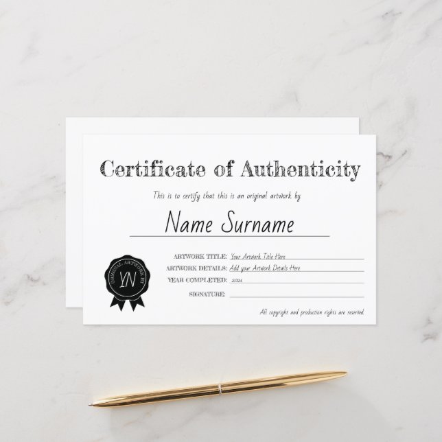 Certificado de Autenticidade Trabalho de arte por (Frente/Verso In Situ)