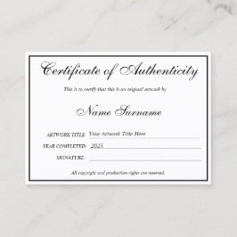 Certificado de Autenticidade Trabalho de arte por